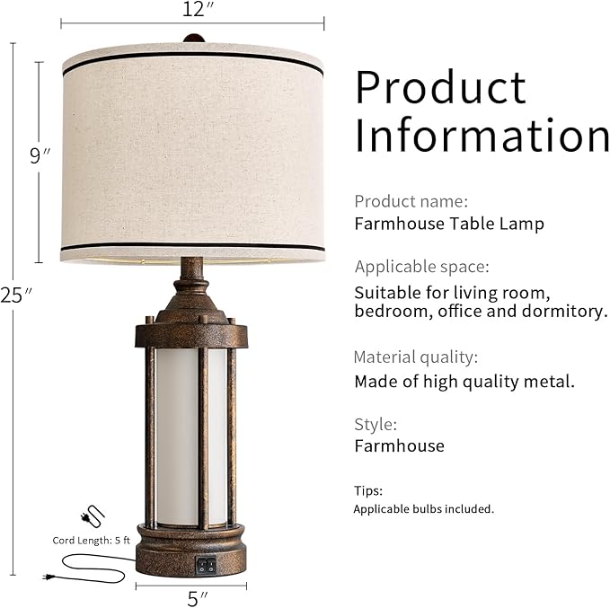 25'' Table Lamp for Living Room Bedroom Farmhouse Metal Lamps with 2 USB Ports, Built-in Frosted Glass Night Light Vintage Industrial Nightstand Bedside End Lamp, 2 Bulbs Included, Bronze - Bloomnest