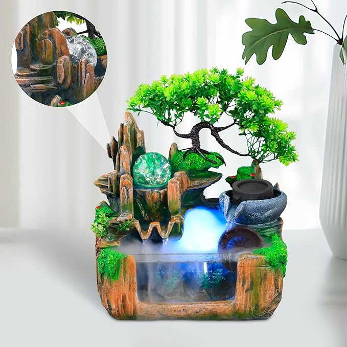 10Inch Bonsai Tree Rock Water Fountains Indoor Tabletop Waterfall Humidifier with LED Light and Atomizer Mist, Desktop Decoration Fake Plants Mini Fish Tank Feng Shui Decor Festival Birthday surprise - Bloomnest