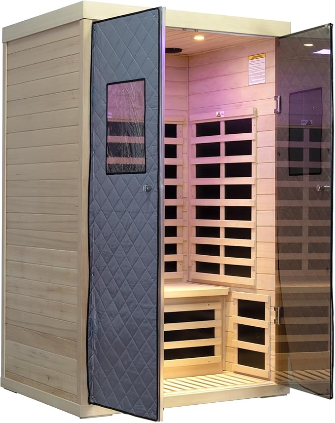 Smart App Control 2 Person Ultra Low EMF (＜5mG) Far Infrared Sauna for Home,1780W Hemlock Indoor Sauna Spa with Touch Panel, Insulation Cover, Bluetooth Speaker, Chromatherapy Light, Reading Light KUNSANA