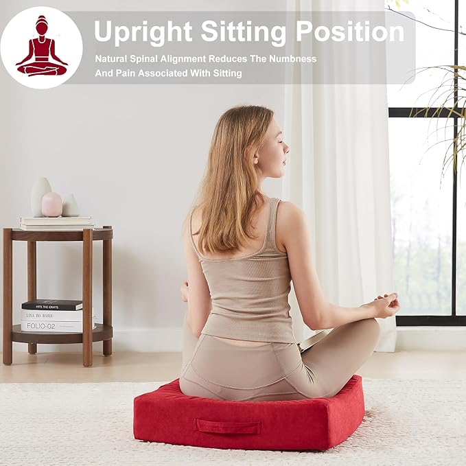 22 inches Floor Pillow for Adults - Large Meditation Cushion with Thick Foam & Soft Tufted Cover - Premium Outdoor Square Floor Cushion Seat - Yoga Pillows for Sitting On Floor - Burgundy - Bloomnest
