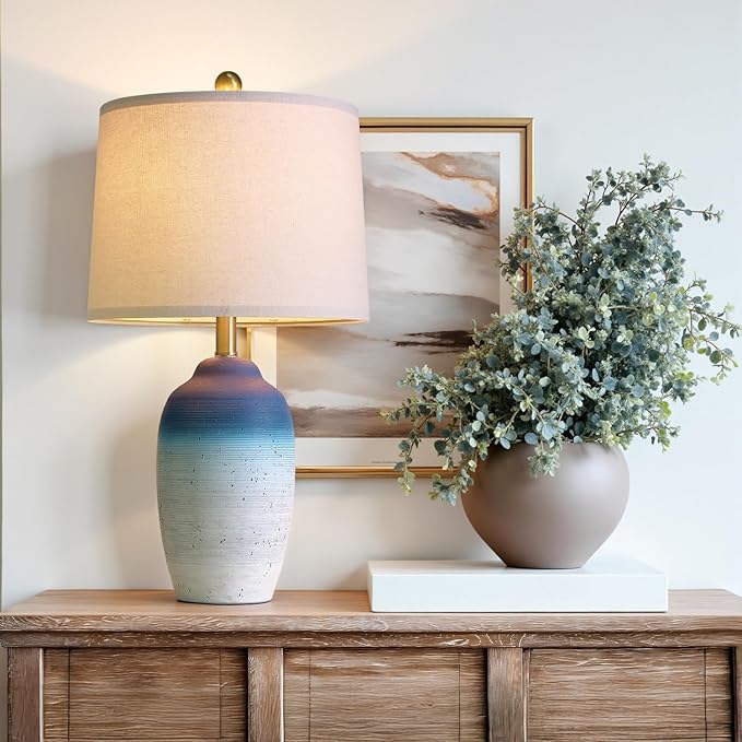 24.5" Vintage Ceramic Table Lamp - Single Farmhouse Rustic Bedside Lamp with Natural Textured Finish, Nightstand Lamps for Living Room, Bedroom, End Table, Office White and Blue - Bloomnest