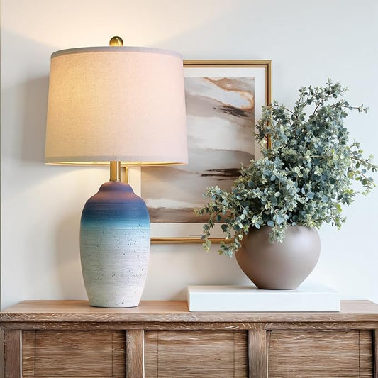 24.5" Vintage Ceramic Table Lamp - Single Farmhouse Rustic Bedside Lamp with Natural Textured Finish, Nightstand Lamps for Living Room, Bedroom, End Table, Office White and Blue - Bloomnest