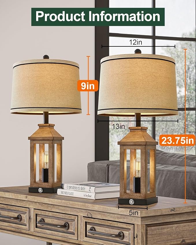 23.75" Farmhouse Dual USB Charging Ports 3-Way Dimmable Touch Control Table Lamp with Nightlight Vintage Modern Lamps for Living Room Bedroom - Bloomnest