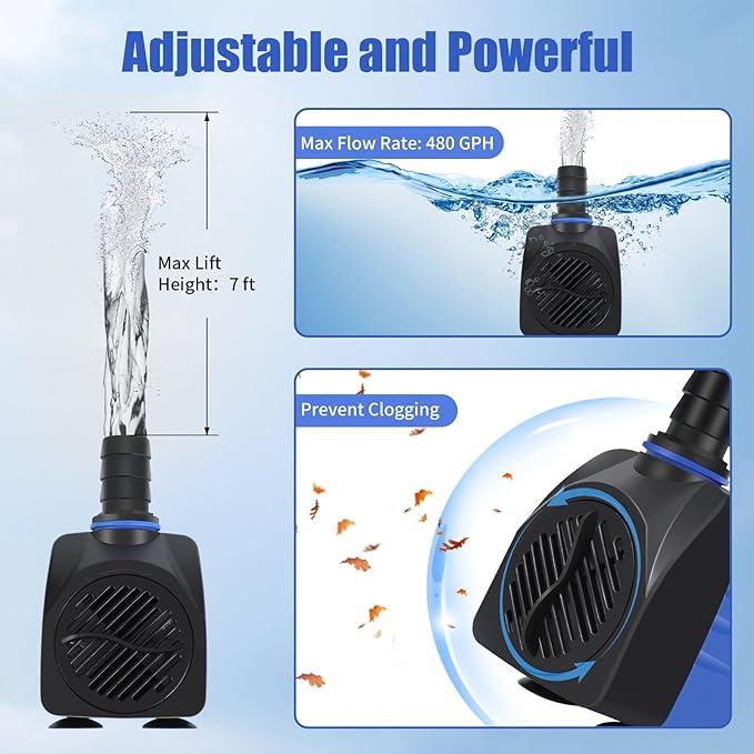AQUANEAT Small Fountain Pump, 480 GPH Submersible Water Pump for Aquarium Fish Tank, Outdoor Water Fountain, Hydroponics, Pond Filter Pump - Bloomnest