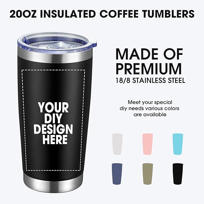 Personalized Custom Tumbler Print in USA 24 Pcs 20oz Stainless Steel Coffee Cup with Lid & Straw Double Wall Insulated Tumbler with Colorful Text Logo Photo - Bloomnest