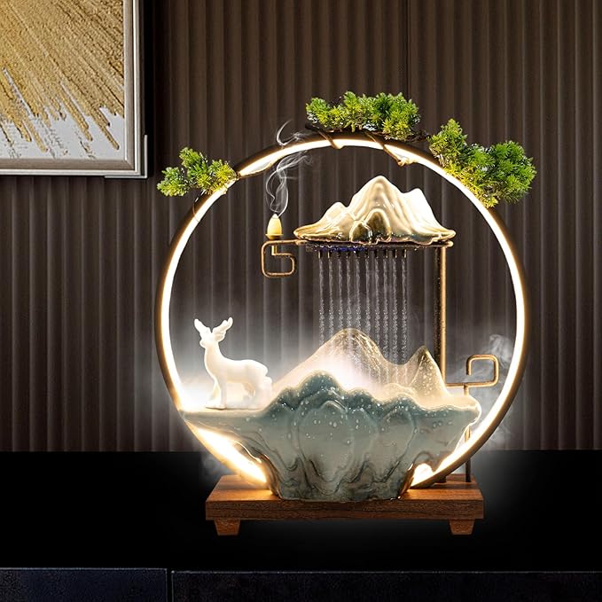 Ceramic Water Fountains Indoor Waterfall Relaxation Desktop Fountain Zen Meditation Rockery Tabletop Fountain Waterfall Feng Shui Water Fountain with Lights for Good Luck - Bloomnest