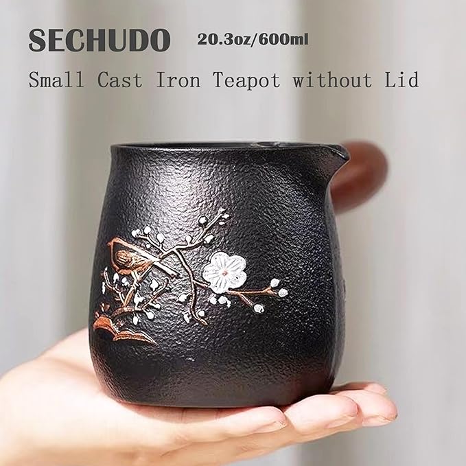 Small Cast Iron Teapot, Japanese Style Tea Kettle without Lid, 20.3 fl oz Tea Pot with Stainless Steel Tea Ball for Loose Tea, Wooden Side-handle Tea Set for Stovetop Safe(600ml) - Bloomnest