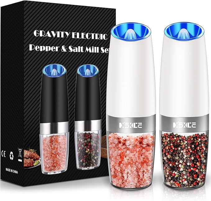 XinXu Gravity Electric Pepper and Salt Grinder Set, Adjustable Coarseness, with LED Light, One Hand Automatic Operation (Set/Snow White X) - Bloomnest