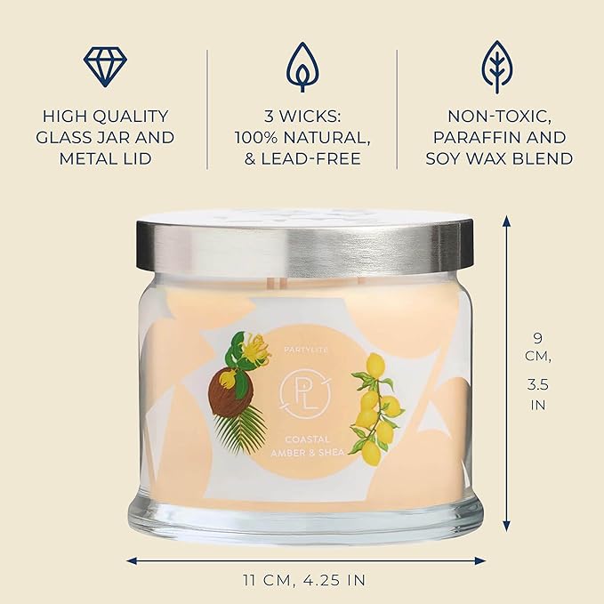 PartyLite Coastal Amber & Shea Scented, Notes of Ylang Flower, Citron, Sweet Coconut & Amber Creme, 13.2oz 3-Wick Jar Candle, 45 Hour Burn Time, Luxurious Fragrance, Ideal for Gifting - Bloomnest