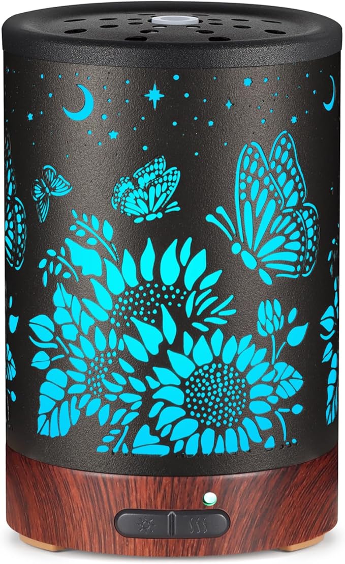 Essential Oil Diffuser- Aromatherapy Diffuser with7 Colors Light and Auto-Off for Women Metal Cool Mist Humidifier for Home and Office for Mom Women（Sunflower + Butterfly） - Bloomnest