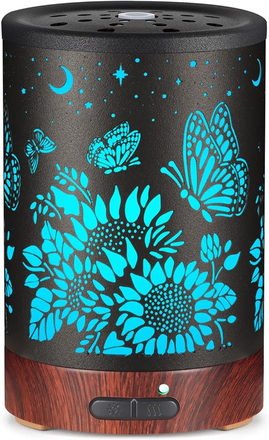 Essential Oil Diffuser- Aromatherapy Diffuser with7 Colors Light and Auto-Off for Women Metal Cool Mist Humidifier for Home and Office for Mom Women（Sunflower + Butterfly） - Bloomnest