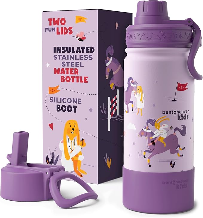 Bentoheaven Kids Water Bottle Stainless Steel for Boys & Girls, 2 Lids (Chug & Straw), Handle & Silicone Boot, Reusable Metal Leak-proof Insulated Tumbler, School & Sports 17oz (Purple) - Bloomnest