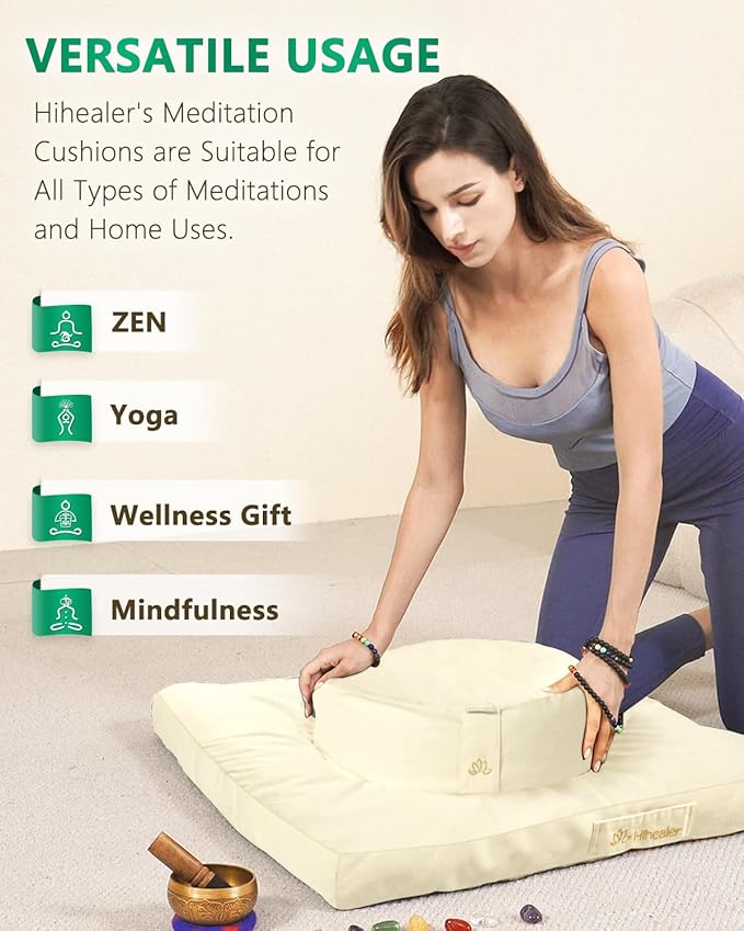 Hihealer Meditation Cushion Set Large Velvet Floor Pillow & Traditional Tibetan Yoga Bolster for Adults Zafu Meditation Mat with Buckwheat Filling (Cream) - Bloomnest