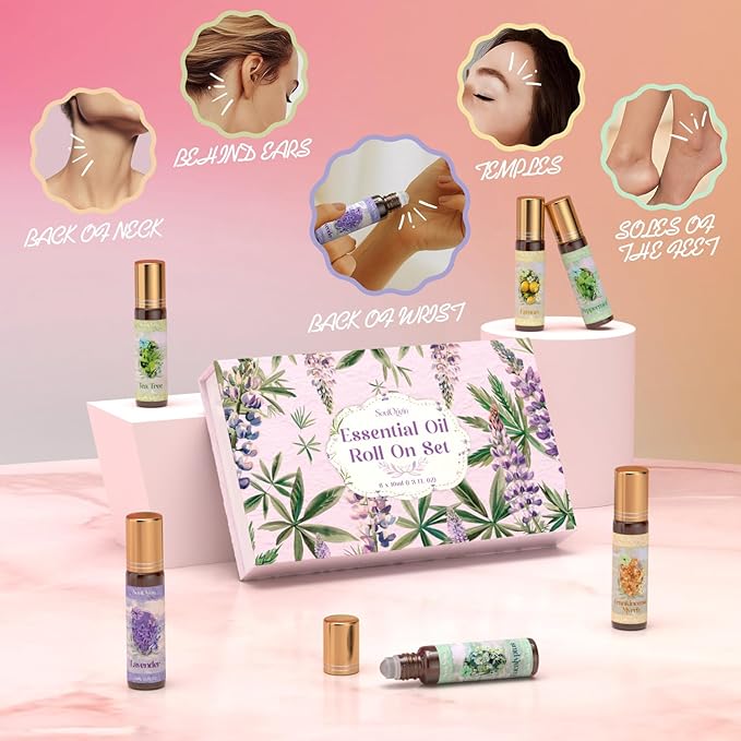 Essential Oil Roll On Set, Natural Aromatherapy Oils with Portable Roller Ball for Skin Care- Tea Tree, Frankincense & Myrrh, Lavender, Peppermint, Eucalyptus, Lemon - Gifts for Women & Men - Bloomnest
