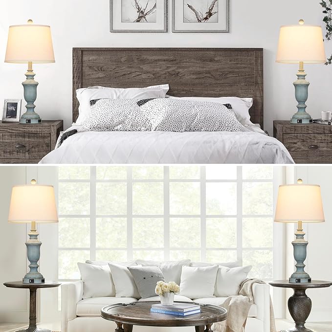 25.6" Coastal Table Lamps Set of 2 with USB C+A Ports & AC Outlet for Rustic Living Room Retro Bedroom,3-Way Dimmable Touch Lamp Bedside Lamps for Nightstand Side End Table,Retro Blue - Bloomnest