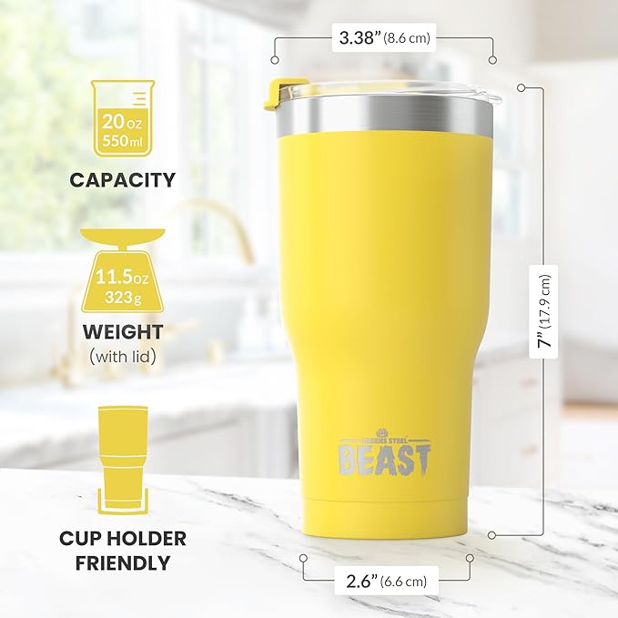 Beast 20 oz Tumbler Stainless Steel Vacuum Insulated Coffee Ice Cup Double Wall Travel Flask (Lemon) - Bloomnest