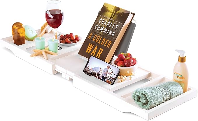 Wooden Bathtub Tray - Foldable & Expandable Bamboo Bath Tray for Tub with Wine Holder, Book & Tablet Stand - Bath Caddy Tray for Bathtub, Spa Bath Accessories, Tub Tray Table, Gifts for Her (White) - Bloomnest