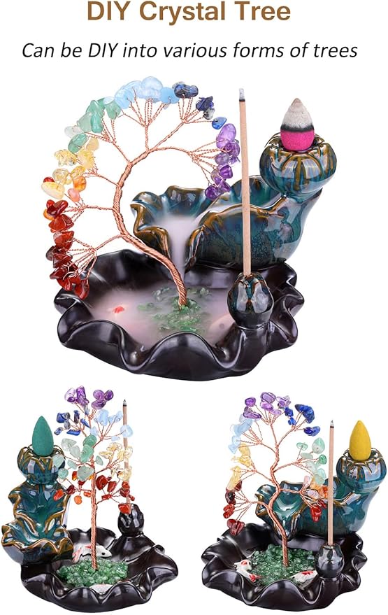 Jovivi Backflow Incense Burner Ceramic Incense Waterfall,7 Chakra Stones Healing Crystal Money Tree Incense Holder for Wealth, Good Luck, Yoga Meditation, Home Decor - Bloomnest