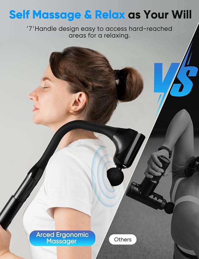 Massage Gun Deep Tissue - Back Massager for Pain Relief Deep Tissue with Extended Handle, 12MM Percussion Less-Shock Neck/Foot/Leg/Shoulder Massager, Infinitely Adjustable Speed & 4 Replaceable Heads - Bloomnest