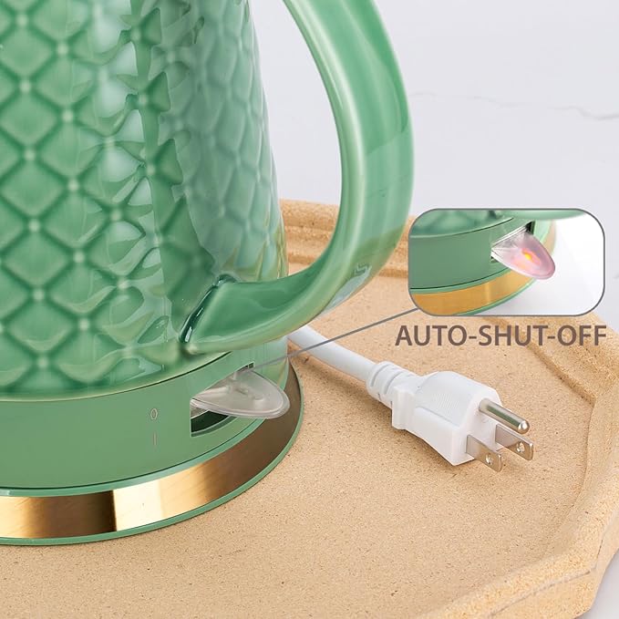 Ceramic Electric Kettle, 1.5L/1200W Boil Water Quickly and Easily with Boil-Dry Protection Auto Shut Off, Detachable Swivel Base, Green Relief Carving - Bloomnest