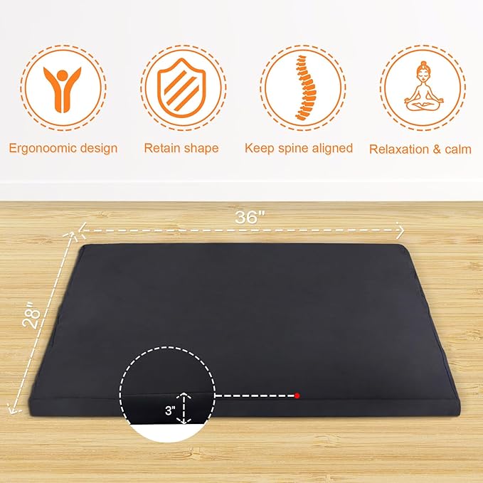 Zabuton Meditation Mat (36"×28"×3") Luxurious Meditation Cushion for Kneeling Sitting Large Floor Pillow Zafu/Bench-Washable Cotton Cover 100% Organic Cotton Filling (Black) - Bloomnest