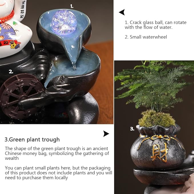 Desk Waterfall Fountain Indoor with Chinese Ceramic Lucky Cat Waving Arm Figurine，Tabletop Mini Water Fountains Decoration and Small Waterfalls - Bloomnest