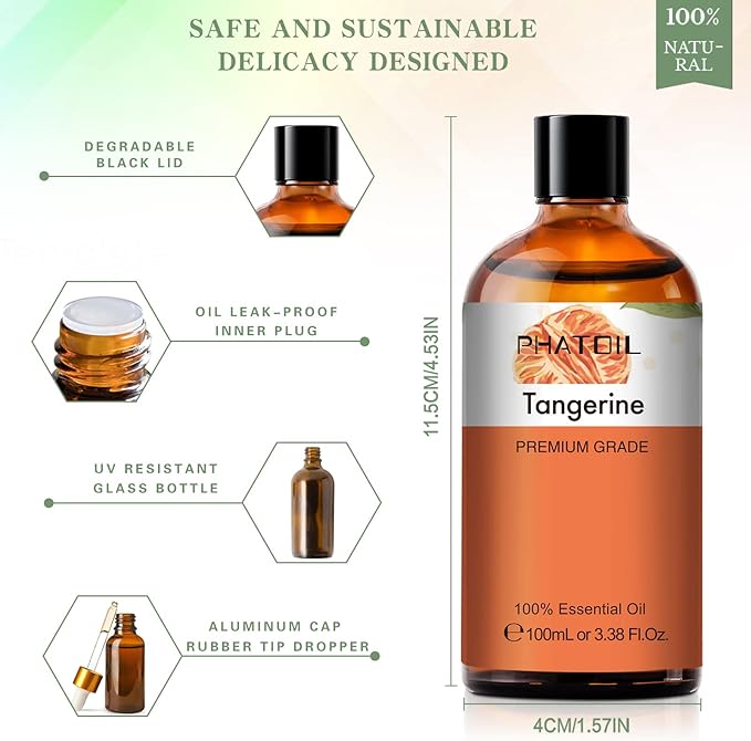 PHATOIL 3.38FL.OZ Tangerine Essential Oil, for Aromatherapy Diffusers, Humidifiers, Great for DIY Candle and Soap Making, Huge 100ML Bottle PHATOIL