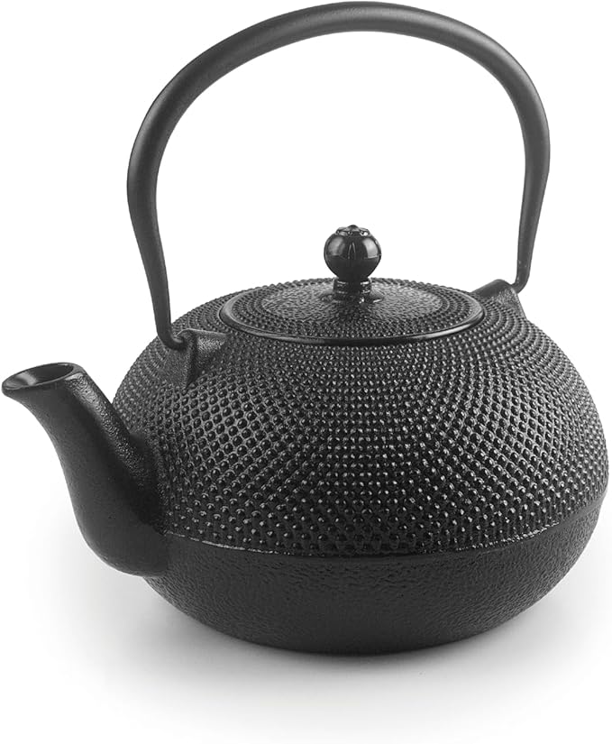 IBILI 40 Oz Cast Iron Teapot with Infuser | Made in Spain | Hammered Texture, Enameled Interior, Stovetop & Induction Compatible, Japanese Kettle for Loose Leaf Tea, Tetsubin Design, Black - Bloomnest