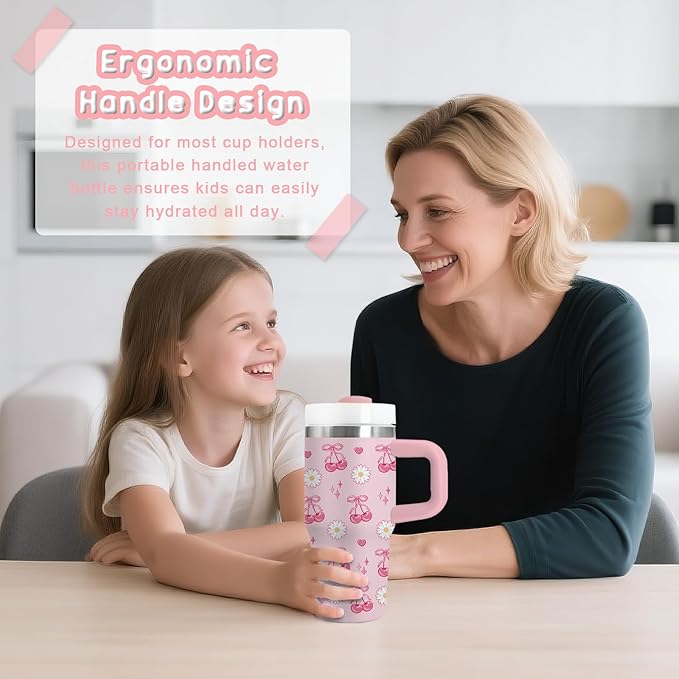 Cherry Bow Gifts for Girls - 14oz Kids Tumbler with Handle and Straw, Stainless Steel Insulated Water Cup, for Sport, School, Travel - Pink Bow Cherry Themed Children Birthday Gift Cup(1pc) - Bloomnest