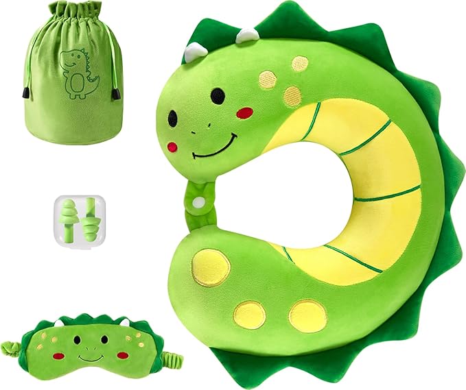 Travel Neck Pillow for Kids, Dinosaur Memory Foam Pillow with Cute Sleep Mask & Earplugs, Lightweight Travelling Pillow Set for Airplane, Car, Train, Bus and Home Use (Green) - Bloomnest