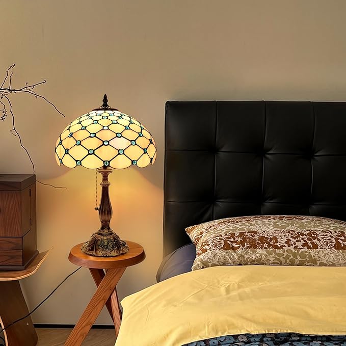 Tiffany Lamp Vintage White Grey Stained Glass Bead Table Lamp Desk Bedside Reading Light Decor Bedroom Living Room Home Office D12*H18 Inches - Bloomnest