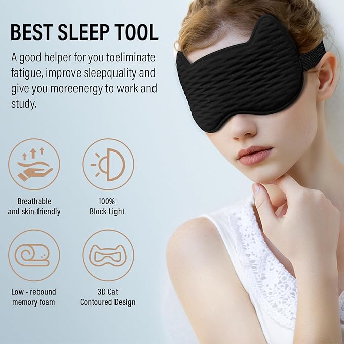 Sleep Eye Mask for Women Men, 100% Blackout 3D Contoured Cup Sleeping Mask with Adjustable Strap, Soft Breathable Memory Foam Blindfold, No Eye Pressure Eye Cover Eyeshade for Night Sleep(Black) - Bloomnest