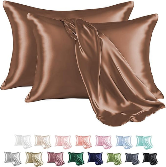 MR&HM Satin Pillowcase for Hair and Skin, Silk Satin Pillowcase 2 Pack, Standard Size Pillow Cases Set of 2, Silky Pillow Cover with Envelope Closure (20x26, Mocha Mousse) - Bloomnest