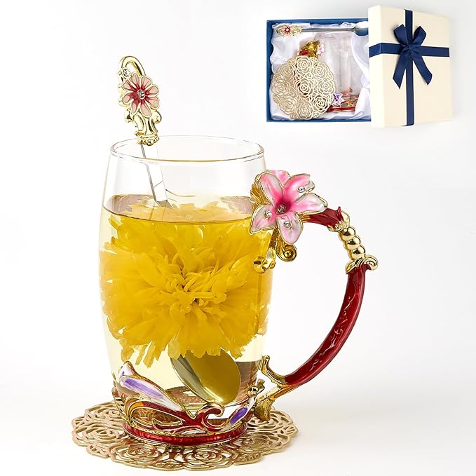 Flower Tea Cup, Lily Flower Clear Glass Fancy Coffee Mug with Spoon,Gift Box for Her Mom Wife Grandma Girls Friends Valentines Christmas Birthday Present Idea for Juice,Hot And Cold Drinks Use - Bloomnest