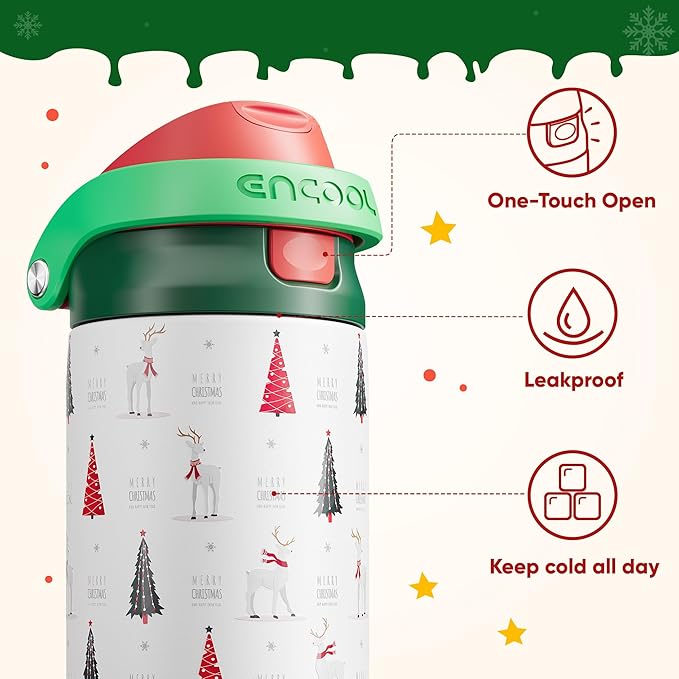 ENCOOL Christmas SwiftSip Insulated Water Bottle with Straw, Stainless Steel Water Bottle, Leak Proof BPA-Free, Keeps Cold for 24 Hours for Sports, Christmas Holiday Gifts for Women, 24oz, Nordic Noel ENCOOL