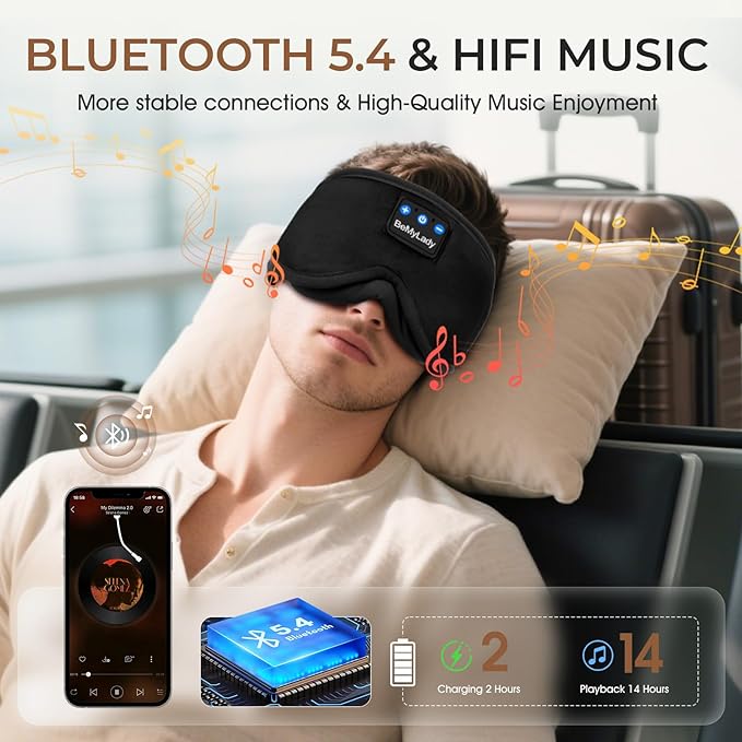 Sleep mask Headphones,100% Blackout 3D Zero Eye Pressure Bluetooth Sleep mask Breathable Eye mask with Bluetooth Headphones Sleep Headphones for Side Sleepers 14H Playtime&Bluetooth 5.4 Black - Bloomnest