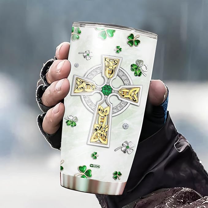 WAZONE Personalized St Patricks Day Tumbler With Lid Custom Name Stainless Steel Insulated Travel Mug Customized Gifts Green Shamrock Triquetra Celtic Knot Cross Ireland For Women Christian - Bloomnest