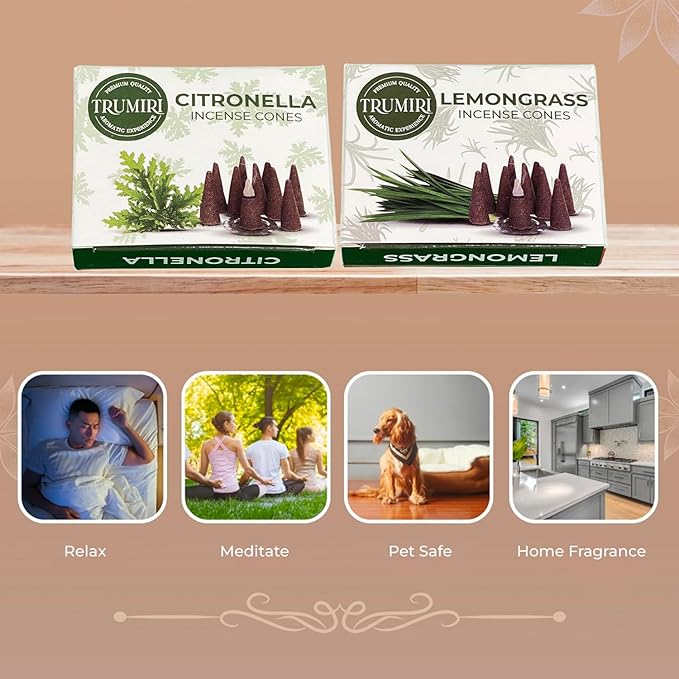 TRUMIRI Incense Cones - Combo Pack of 20 Cone Incense - 10 Citronella + 10 Lemongrass - Insence Cones - Incense Cones Scented - Cone Incense Scents - Insense Cones - Incent Cone TRUMIRI