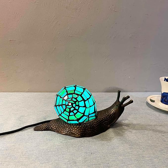 Bieye L10975 Land Snail Tiffany Style Stained Glass Accent Table Lamp for Home Decoration (Cyan, 10" D x 5" W x 5" H) - Bloomnest