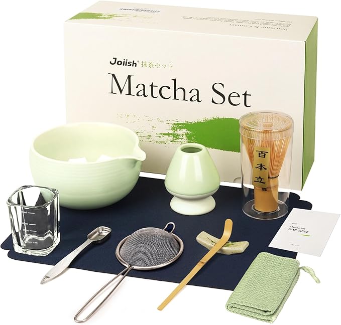 Matcha Whisk Set, Matcha Kit 10-Pcs, Bamboo Whisk and Ceramic Bowl with Spout & Measuring Spoon & Cup, Japanese Ceremony Matcha Tea Making Tools - Bloomnest