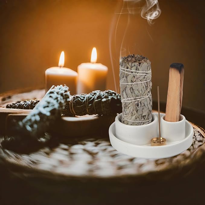 4 in 1 Incense Holder, Palo Santo Stick Holder,Sage Holder for Burning- 4.25" Sage Incense Holder for Meditation Room Home Decor (White Speckles) - Bloomnest