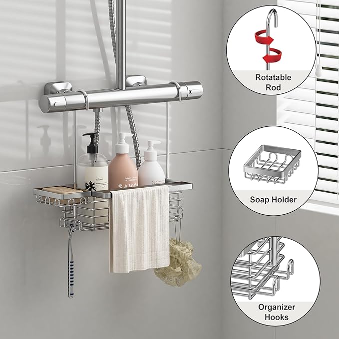 Hanging Shower Caddy, 304 Stainless Steel Shower Organizer with Towel Bar & Hooks, Over Shower Rod, Towel Bar or Glass Panel Storage Basket with Soap Holder, Rustproof Bathroom Caddy, 2 Pack - Bloomnest