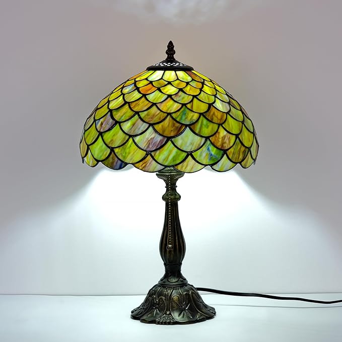Tiffany Style Table Lamp Vintage Stained Glass Desk Lamp Mable Gradient Green Fish Scales Bedside Reading Light Decor Bedroom Living Room Home Office D12 xH18 (Green Fish Scales) - Bloomnest