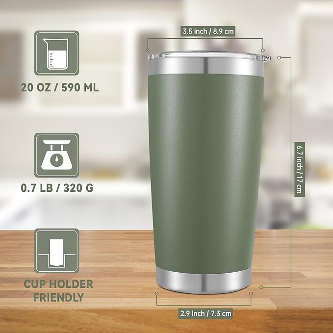 20 oz Tumbler Stainless Steel Tumblers with Lid Double Wall Vacuum Insulated Coffee Mug 20oz Powder Coated Cup for Hot and Cold Drinks, Army Green, 1 pack - Bloomnest