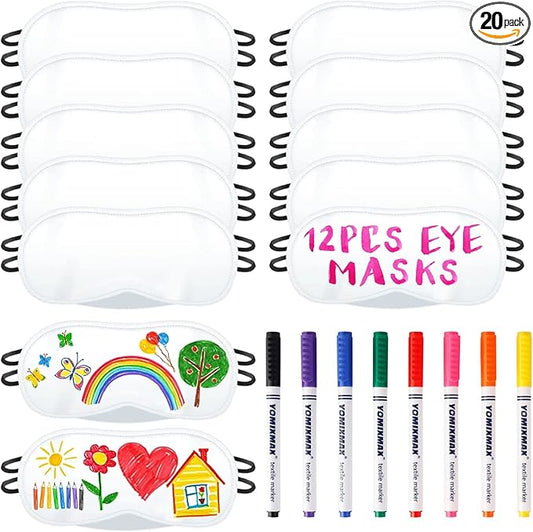 12 PCS Eye Mask Sleepover Party Supplies Sleep White Soft Shade Blindfold Eye Covering, Color the Bulk Game Stuff with 8 PCS Fabric Marker Pens - Bloomnest