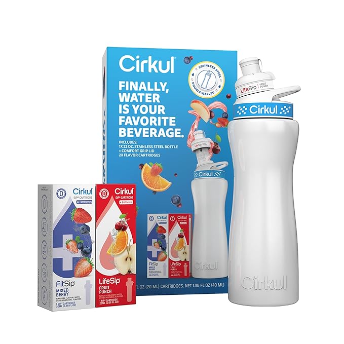 Cirkul 22oz. White Stainless Steel Water Bottle Starter Kit with Blue Lid, 2 Flavor Cartridges (1 LifeSip Fruit Punch and 1 FitSip Mixed Berry) No Sugar, Zero Calorie Drink Mix Cirkul
