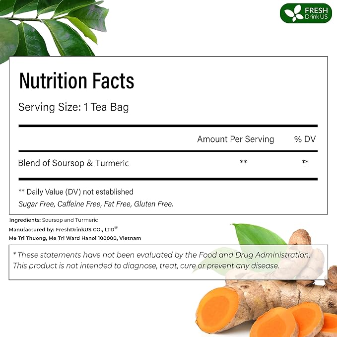 FreshDrinkUS, Premium 40 Soursop Turmeric Tea Bags, 100% Natural, Blend of Soursop Leaves, and Turmeric Root. Made with Natural Material Tea Bags. No Sugar, Vegan. - Bloomnest
