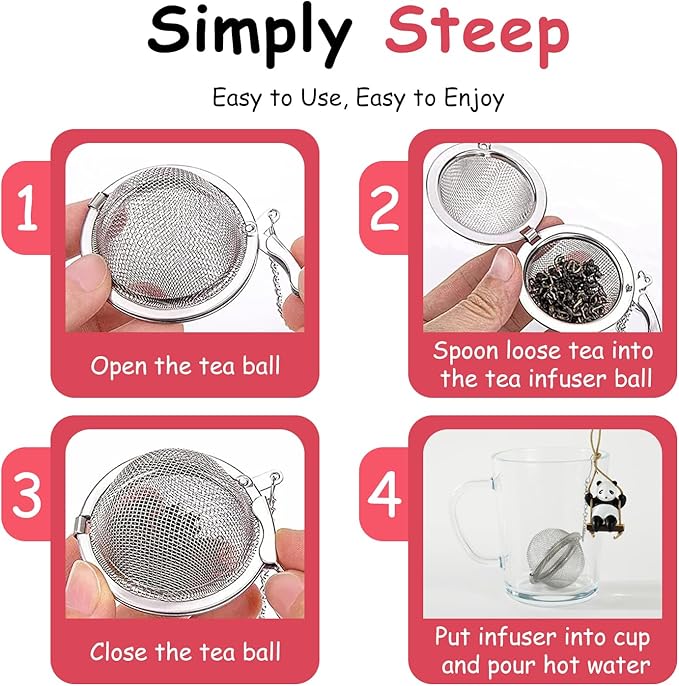 Calico Cat Tea Infuser Set - Adorable Tricolor Kitty Hook, Fine Mesh Loose Leaf Tea Steeper, Stainless Steel, No Mess, 1 Pack (Panda Swinging on Your Teacup)