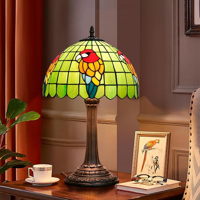 Tiffany Lamp Parrot Green Bedroom Table Lamp Stained Glass Reading Bedside Light for Home Living Room Office Dormitory Dining Room Decorate 12X12X18 inch Desk Light Include LED Bulb - Bloomnest