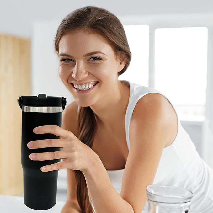 30 oz Tumbler Bulk with Top Handle, Double Wall Vacuum Insulated Tumbler with Flip Straw, Travel Coffee Mug 30oz Powder Coated Cup for Laser Engraving (Black,4 pack)